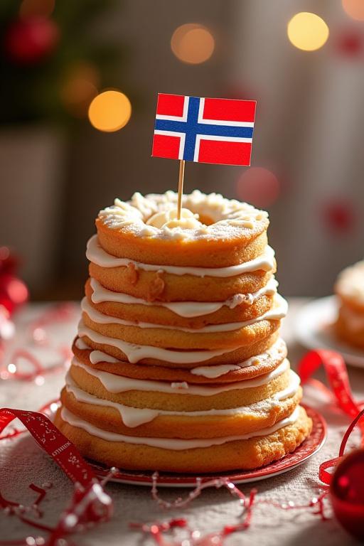 Tradisjonell norsk kransekake, stablet i perfekte ringer, festlig pyntet med små norske flagg og bånd til en feiring.