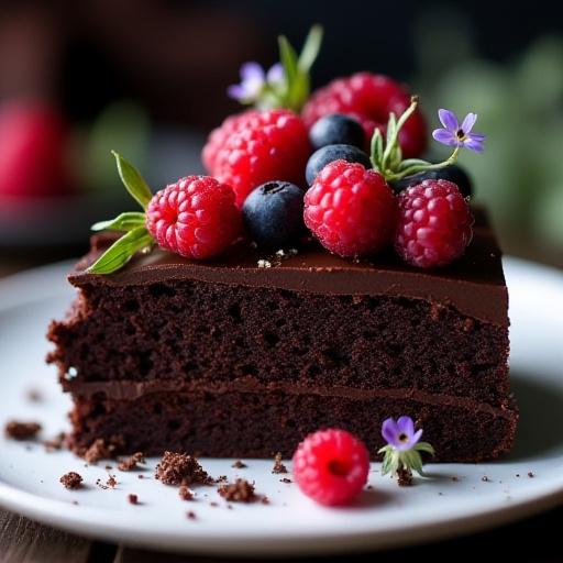 En mørk, vegansk sjokoladekake med friske bær og spiselige blomster.